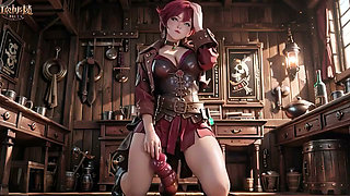 Redhead Pirate Captain! Playing with Her Cutlass in a Vintage Ship Cabin.