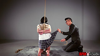 Miwa Kiritani Hands Tied Behind Her Back While Tesshin Doyama Stimulates Her Feet