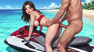 A Beautiful Woman in a Korean-style Comic Style, a Korean Beauty, on a Beautiful Seaside Motorboat! New Style, Ai Generated