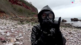 Gas Mask Goddess - Rubber Wetsuit & Pvc Mac Beach Tease