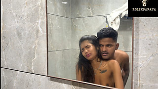The guy had great sex with the girlThey went from the bathroom to the bed.