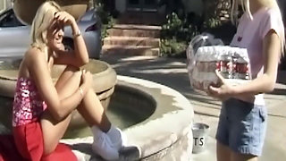 Blonde MILFs Licking Wet Pussies by the Fountain