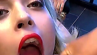 Blonde Slut Gets Her Face Covered in Cum by Multiple Cocks