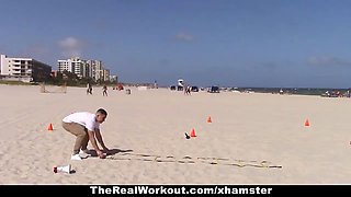 Busty blond rails trainer after the beach sesh