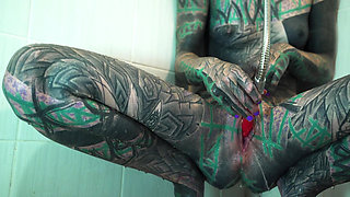 Tattooed Beauty Destroys Her Ass with Toys in Steamy Shower Masturbation
