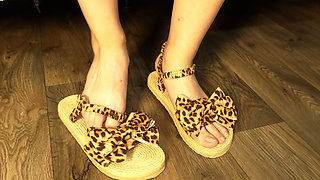 Feet in New Sandals with Slow Walking and Foot Close-ups