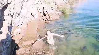 Naughty redhead Madelyn gives blowjob outdoors on POV