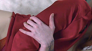 Redhead Stepmom in a Red Robe Gets Fucked Before Dad Gets Home