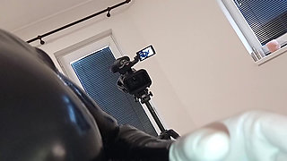 The Slave All in Latex Had to Take Good Care of Me, Until My Orgasm and His Cumshot. 3 Angle