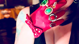 Red Leather Gloves & Rings! Smoking Tart Tina Snua Smokes A Cigarette & Shows Off Her Gloves - Smoker