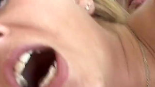 Two horny studs bring blonde smoking cheerleader on the couch for a hot threesome