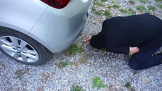 Femdom chick wants to punish him outdoor