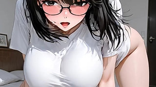 A beautiful woman with huge breasts and glasses