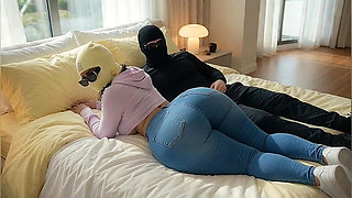 Petite Big Ass Girl in Jeans Lying on Bed with Husband