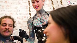 Latex Femdoms Dominate Tattooed Slave – Urethral Sounding, Ureta Fingering, Dominatrix