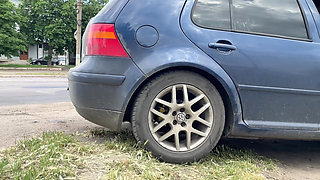 Car Stuck in Mud: Desperate Masturbation, Sloppy Blowjob & Public Facial Cumshot