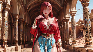 Red Queen in the Desert! Lazy Afternoon in the Golden Palace, Backless Dress slightly damp.