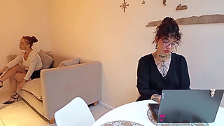 Lesbian Coworkers in Pantyhose Fuck with a Strap-on