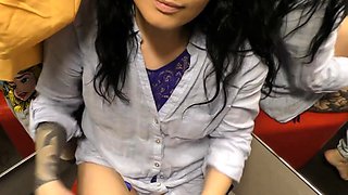 Sexy Tattooed MILF Gives Public Blowjob in Fitting Room for