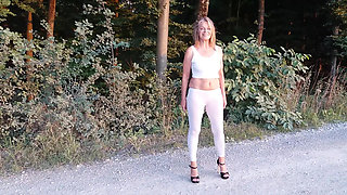 Mature Woman in White Leggings Outside!