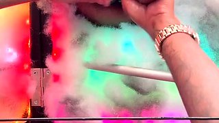 Hot blonde strokes and sucks black cock in glory hole