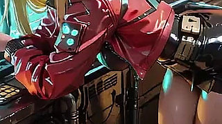 Red Leather Jacket Glistening Under Neon Rain, Kneeling Pose That Breaks the Armor