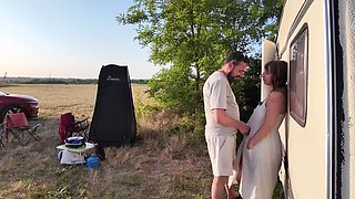 Big tits MILF gets fucked against a caravan outdoors