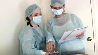 Nurses jerk and suck off Johhny to get a semen sample,