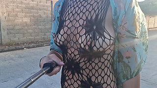 I Flash My Tits and Pussy in Public While Walking in a Fishnet