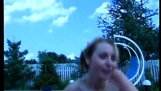 Sexy slut gives bj by the pool and takes facial cumshot on lawn chair