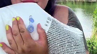 Lewd brunette ashley storm jerks big cock outdoor