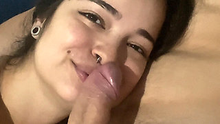 Naughty blowjob swallows cock grabbing balls laughing