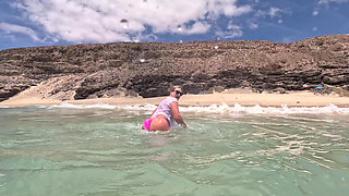 Girl Wetting Jeans in the Ocean and Swimming in Wet White T-shirt