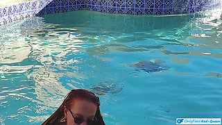 Hot Long Haired Ginger MILF Taking a Dip and Fucking in Outdoor Pool