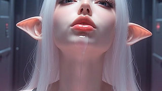 White haired elf in pink slime kisses and licks