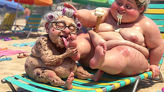 Elderly Granny Passionately Sucking BBW Feet on the Beach