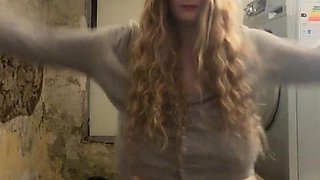 Blonde mature with big boobs masturbates in bed