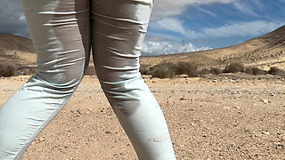 Girl can't hold pee and wet her pants on the public road