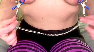 Cspot Wears Purple and Black Striped Tights and Rubs Out a Loud Clit Orgasm