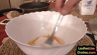 Pegging CFNM babes fuck guy ass in 3some with strapon