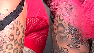 Two Horny Leather Tattoo Sluts Fuck Truck Driver at the Rest Area!