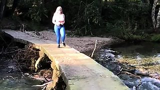 Blonde is flashing her big boobs in the outdoors