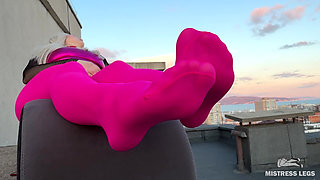 Pink Nylon Tease on the Rooftop at Sunset - Feet and Big Ass