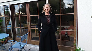 A Mature Woman Shows off Her Figure Outside in a Lace Bodysuit!