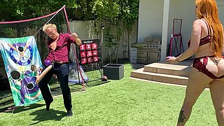 Big-booty redhead MILF plays ball with her stepson's huge white cock