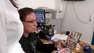 Boss fucks redhead secretary's throat in stockings at office